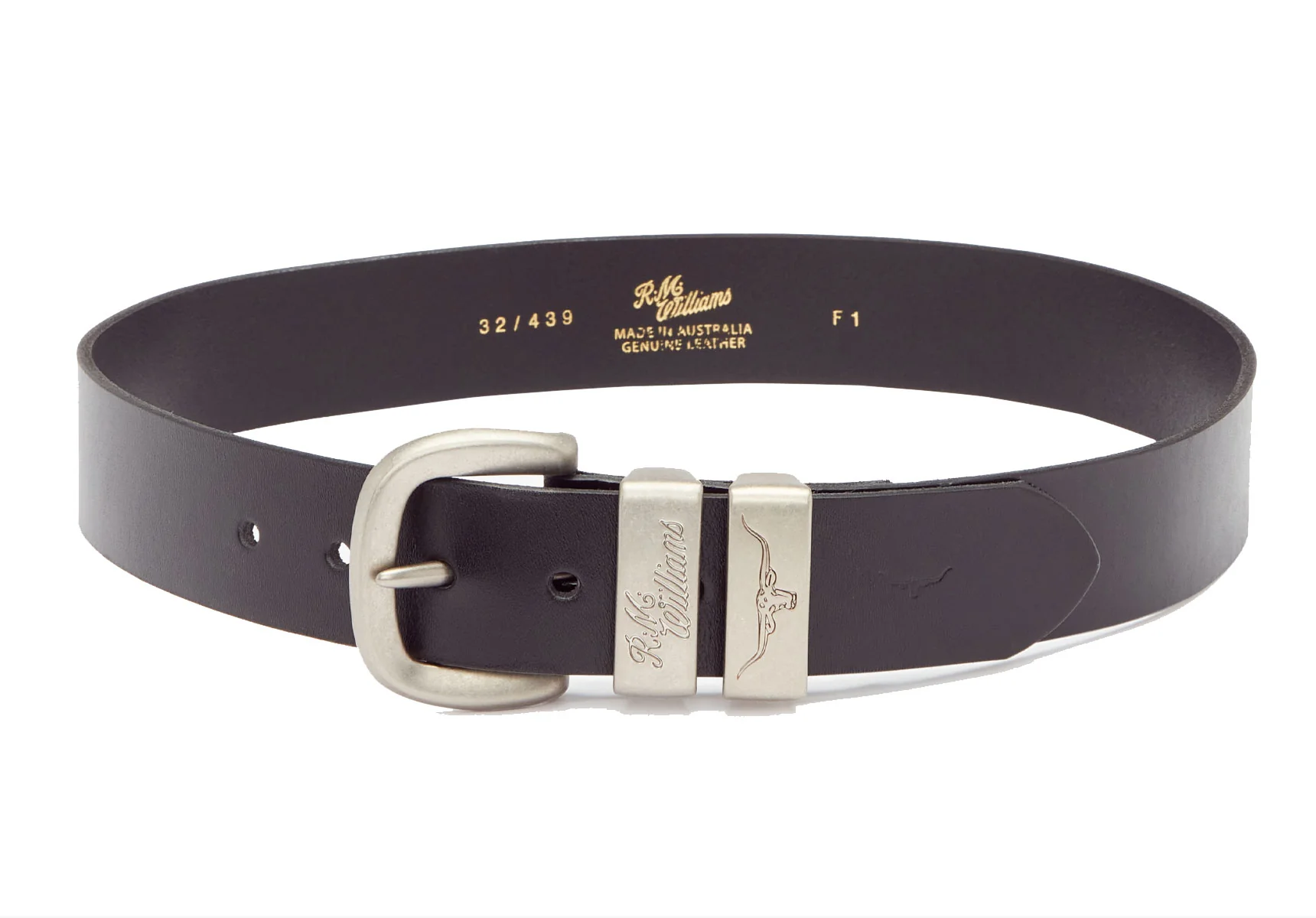 R.M. Williams 1 1/2" 3 Piece Solid Hide Silver Buckle Belt - Black - Image 3