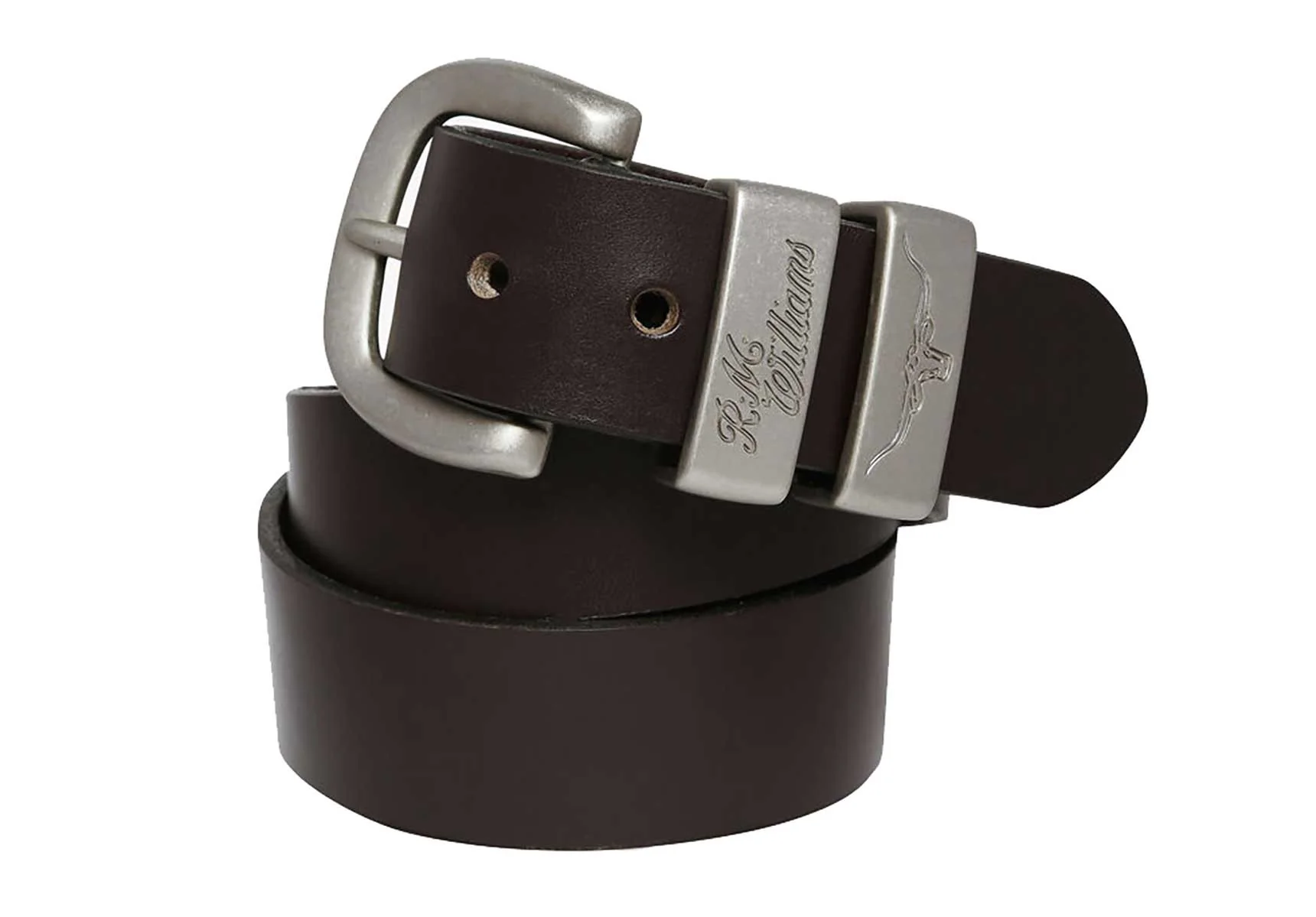 R.M. Williams 1 1/2" 3 Piece Solid Hide Silver Buckle Belt - Chestnut